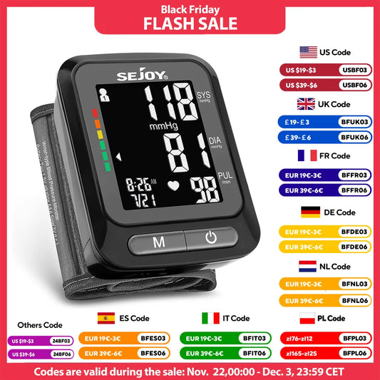 🩺 Sejoy Fully Automatic Wrist Blood Pressure Monitor,LED Display | 2 x 60 Memory | Home Use Sphygmomanometer
