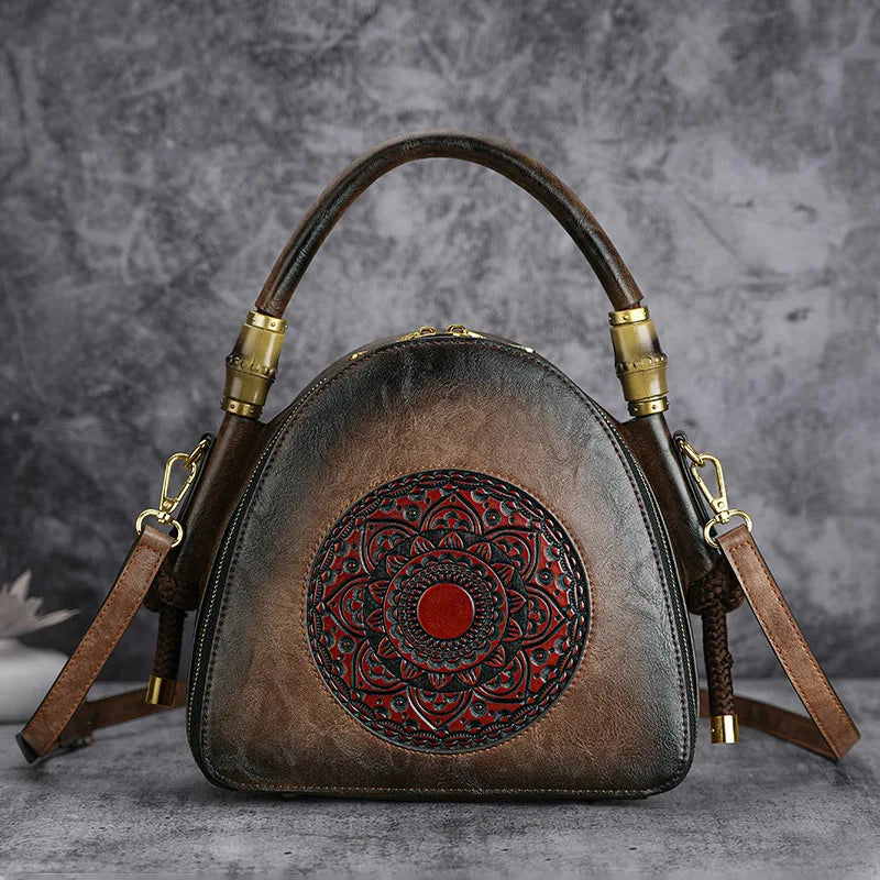 MOTAORA Bamboo Top Handle Embossed Leather Shoulder Bag, Vintage Bohemian Crossbody Purse for Women Handmade Large Capacity Tote