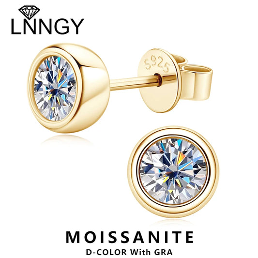 Lnngy 925 Sterling Silver Stud Earring D-Color 5mm 6.5mm Round Cut Bezel Moissanite Simple Bubble Earrings For Women Jewelry