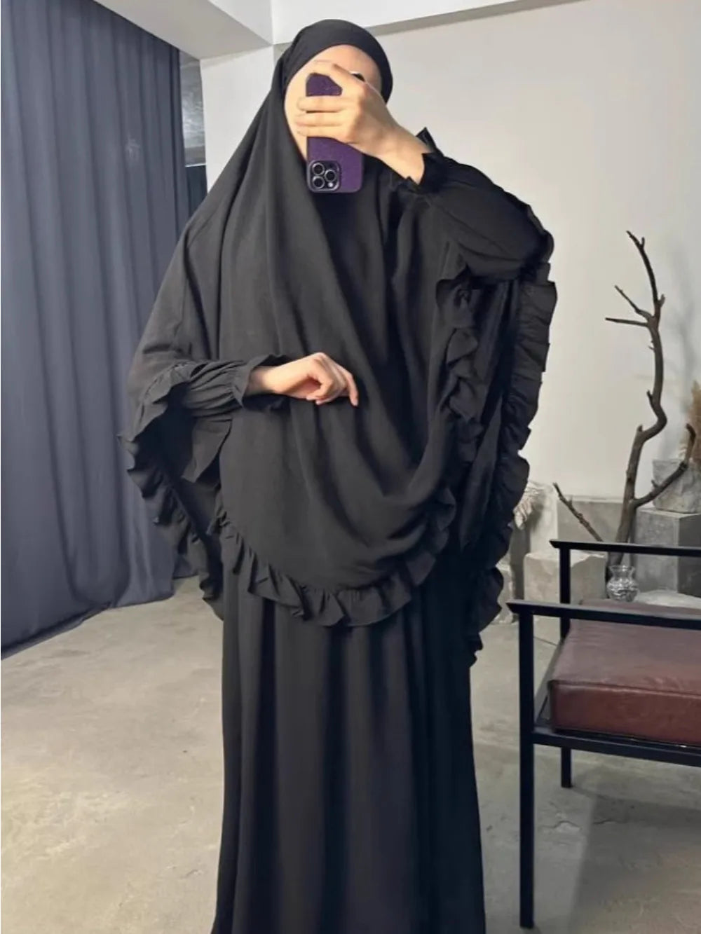 Ramadan Long Khimar with Dress Hijab Eid Muslim Headcarf Women Jilbab 2 Piece Set Jubha Islamic Hijabs Musulman Prayer Garment