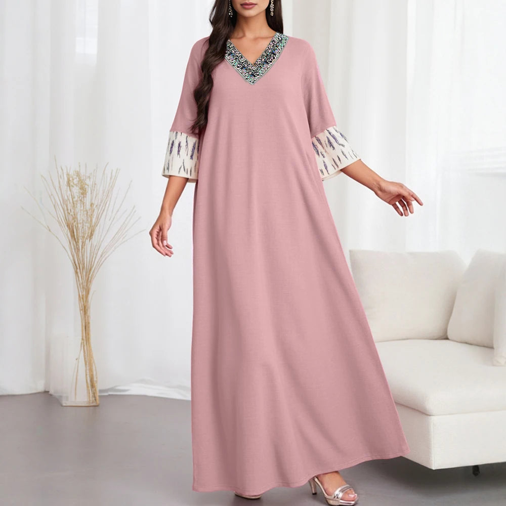 Rafiah Summer Arabian Dress 2025 Women's Decent Print Binding Short Sleeve V-Neck A-Line Daily Basic Midi Dress