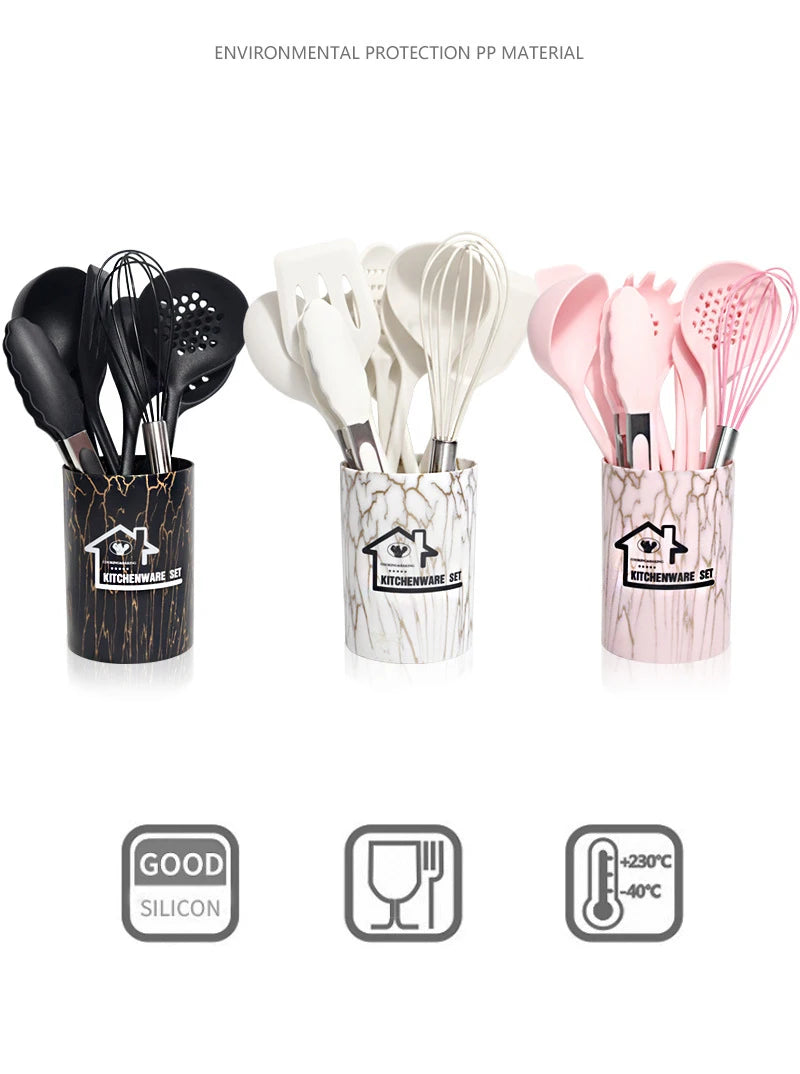 Pink 18Pcs Food Grade Silicone Kitchen Cookware Utensils Turner Spatula Measuring Spoon Practical Cooking Tool Kitchenware Set