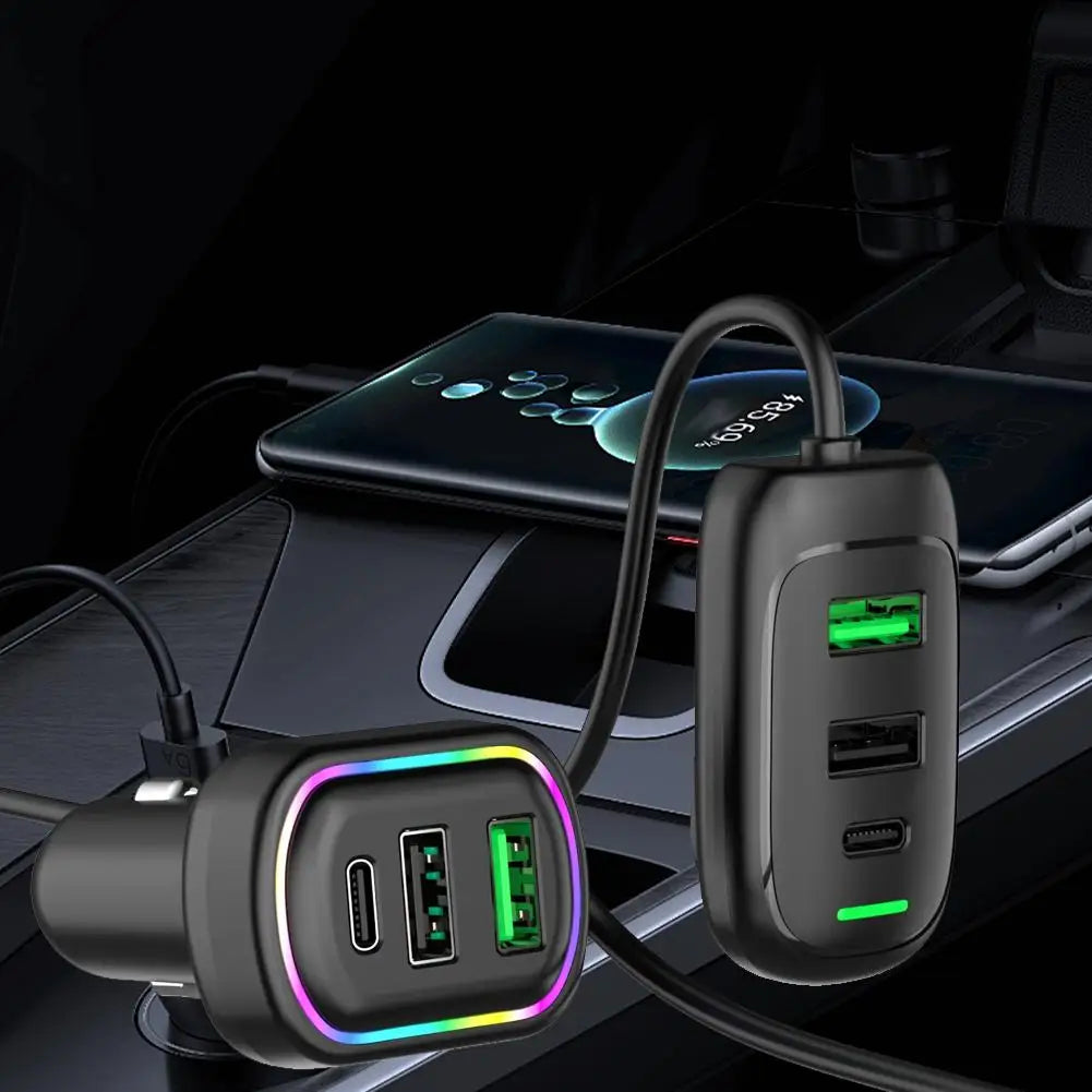 6-Ports USB Type-C Front And Rear Extension Car Charger With RGB Light PD Fast Charging Power Adapter For Iphone Tablet