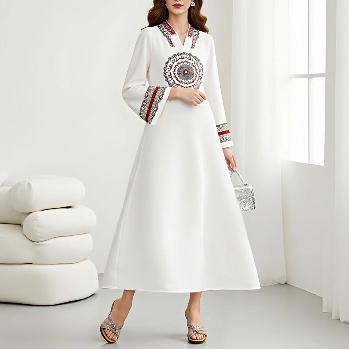 Rafiah Autumn Dresses 2025 Women's Elegant Print Long Sleeve V-Neck A-Line Dating Long Arabian Dresses