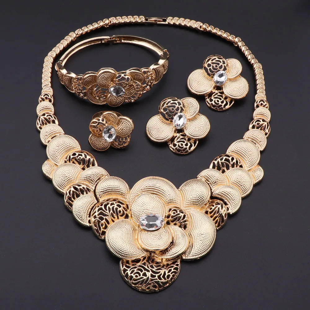Fashion African Jewellery Set Dubai Gold Color Jewelry Sets Women Customer Nigerian Wedding Flower Design Gift