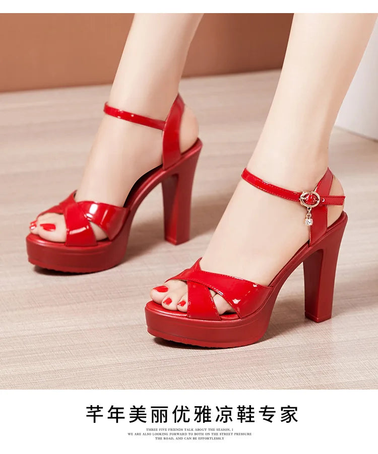 Women’s High Heel Summer Leather Sandals – 10 cm Spike Heel with Platform, Open Toe