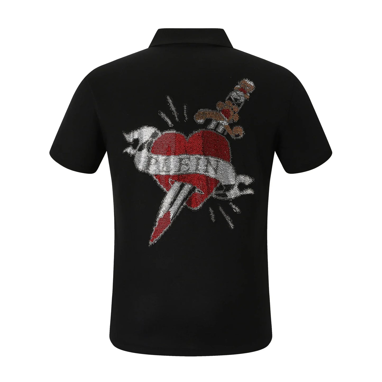Black polo shirt with a red heart and dagger design on the back against a white background