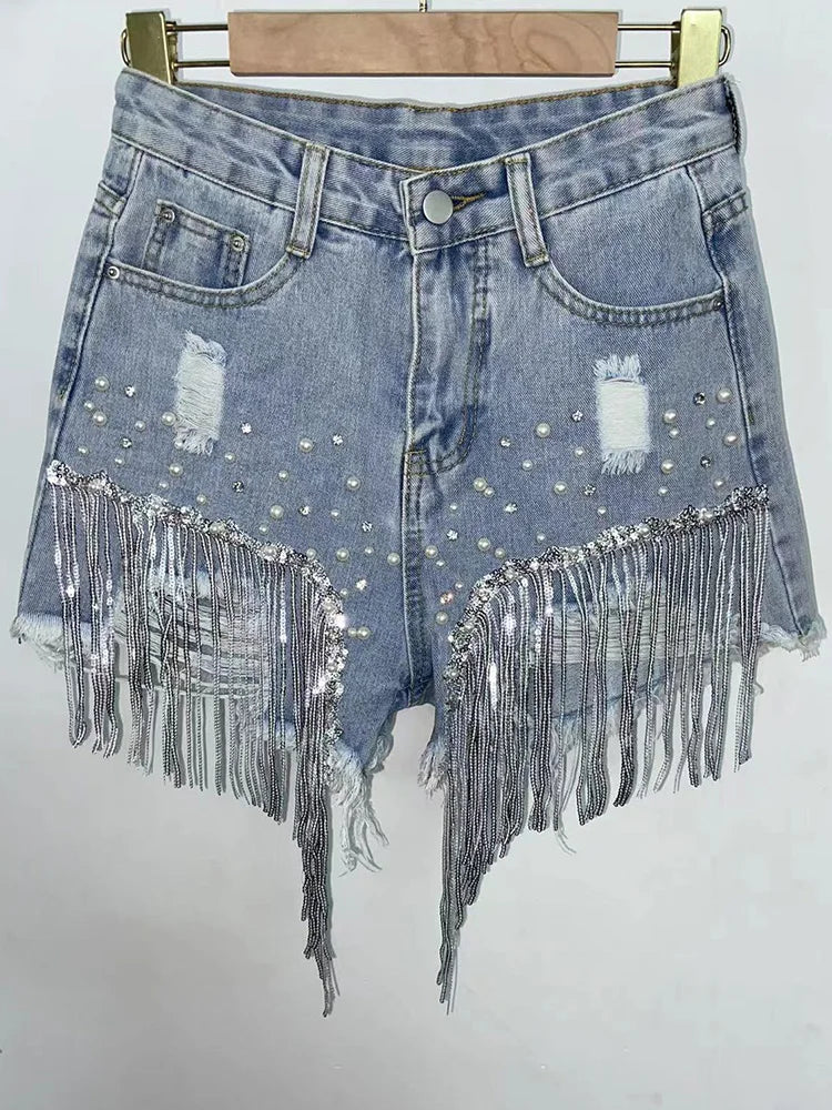 Elegant Tassel Beaded High Waist Denim Shorts – Wide-Leg Summer Jeans