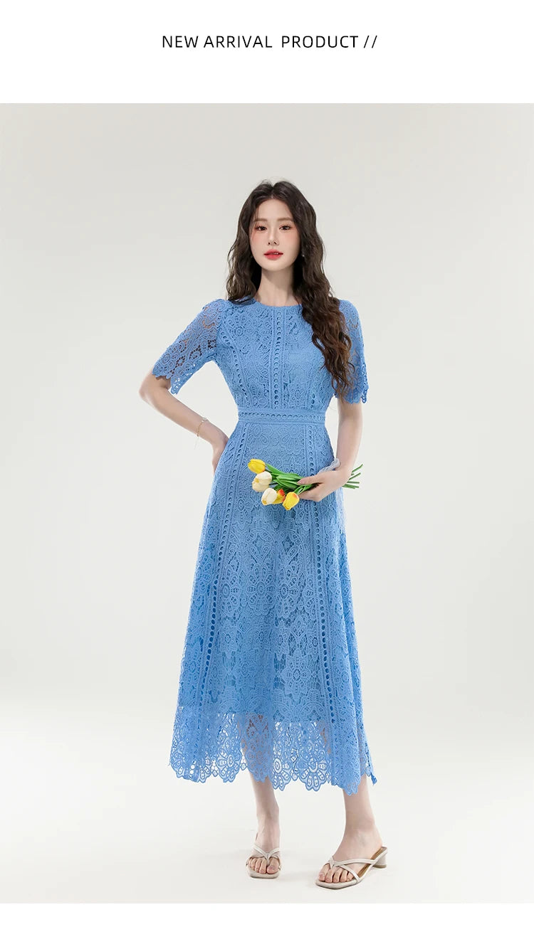 2025 New Summer French Elegant Fashion Evening Dress Women Lace Hollow Out Crochet Party Dress Casual Chic Holidays Clothing