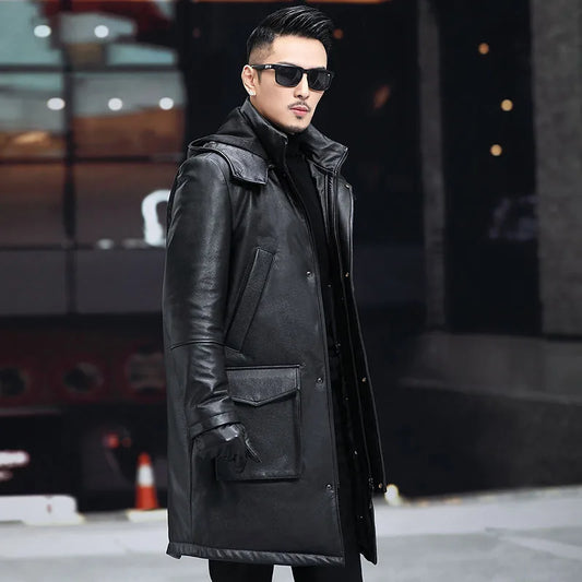Men's Leather Down Coat, Mid Length, Hooded, Thick Warm Jacket, Large Size Outerwear, Business Male Coat, Winter
