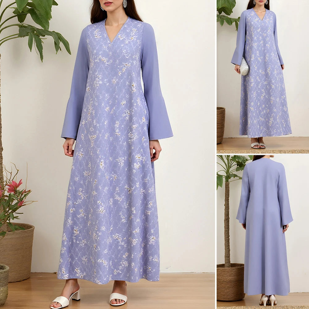 Rafiah Women's Dresses Summer Elegant Decent 2025 Long Sleeve Full Print V-Neck A Line Casual Long Dress