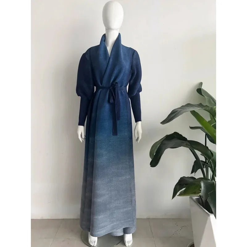 KAF Pleated Women Luxury Trench 2025 Spring Fall New Vintage Printed Cardigan Design Loose Large Size Arabian Female Abaya