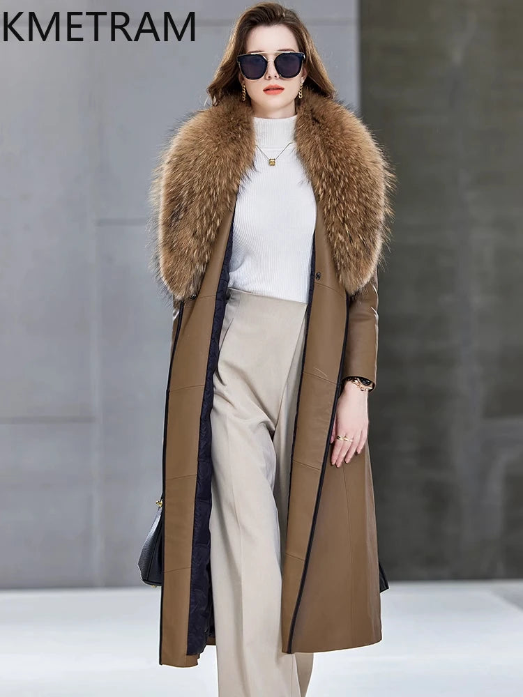 100% Sheepskin Puffer Jacket Women High Quality Long Down Coats Winter Raccoon Fur Collar Coat Womans Clothing Leren Donsjas