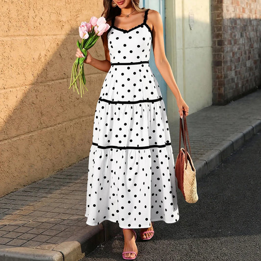 Rafiah Women's Summer Long Arabian Dress Fashion Decent Polka Dot Sleeveless V-Neck Midi Cami Dating Dresses