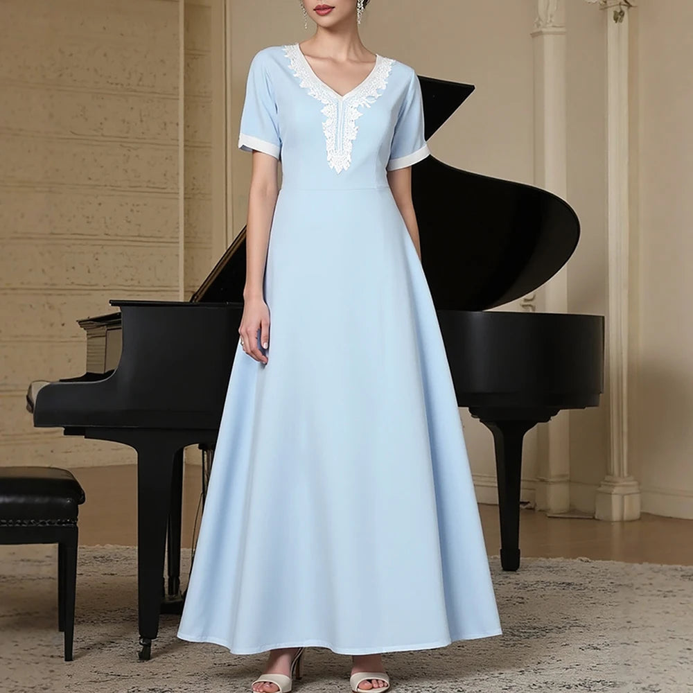 Rafiah Women's Dresses Summer Elegant Fashion 2025 Plain Embroidery Short Sleeve V-Neck A Line Midi Vacation Long Dress