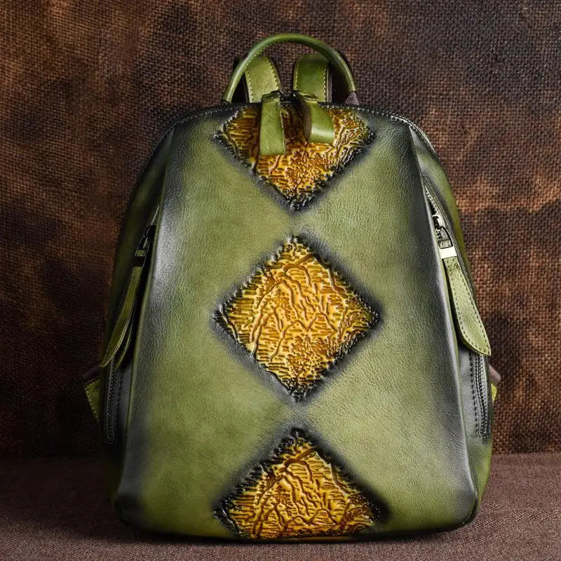 Handmade Retro Embossed Floral Backpack For Women Genuine Cowhide Leather Fashion Women Bag Solid Color Muti-function Backpacks
