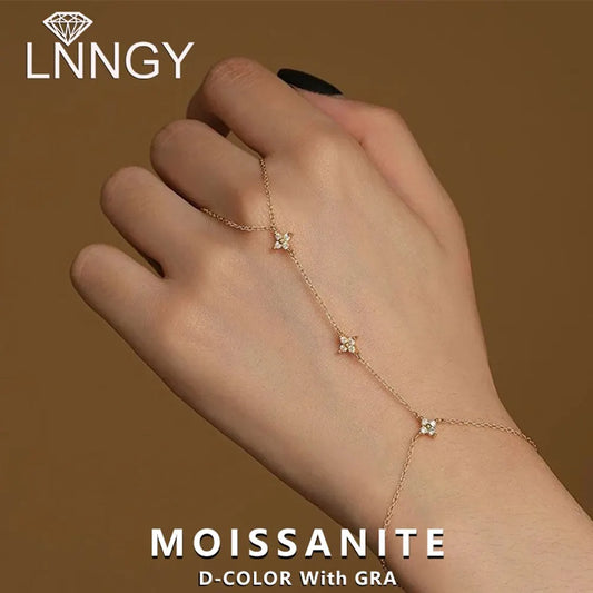 Lnngy Certified Moissanite Bracelet With Ring 925 Sterling Silver Four Leaf Flower Finger Bracelet For Women Hand Chain Jewelry