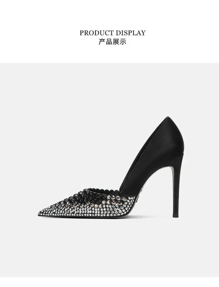 Black Rhinestone High Heels Women's New Summer Style  Socialite Small Stature Thin Heels  Pointed And Sexy Women's Shoes