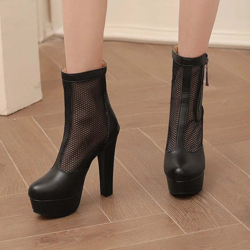 Women’s Summer Ankle Boots – Handmade Mesh + PU Leather – Closed Toe – Platform High Heel – Zip Up – Sizes 4.5–18