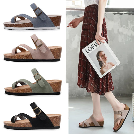 New Summer Women Wedge Beach Slipper Shoe Casual Cork Med Heel Outdoor Clogs Flip Flops Footwear