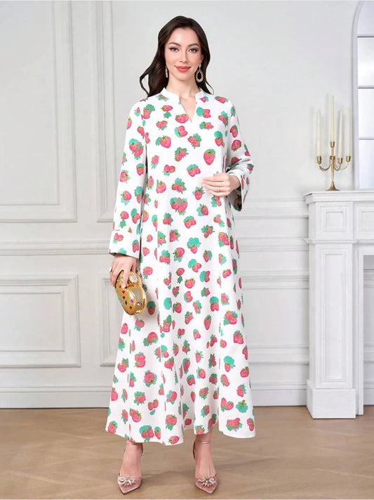 Rafiah Women's Arabian Dress Even Dress 2025 Summer Edgy Sweet Strawberry Print Long Sleeve V-Neck Loose Fit Long Dress