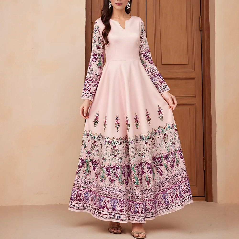 Rafiah Women's Dresses Summer Elegant Decent Fashion 2025 Traditional Print Long Sleeve V-Neck Maxi A Line Casual Long Dress
