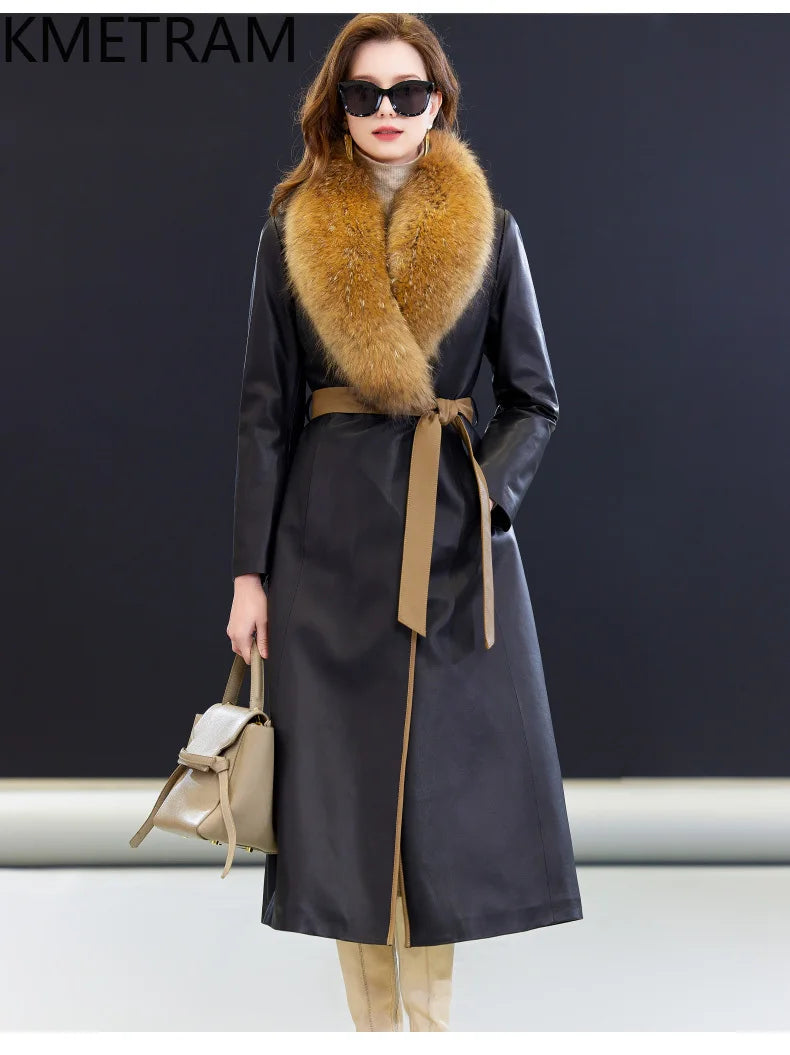 100% Sheepskin Puffer Jacket Women High Quality Long Down Coats Winter Raccoon Fur Collar Coat Womans Clothing Leren Donsjas