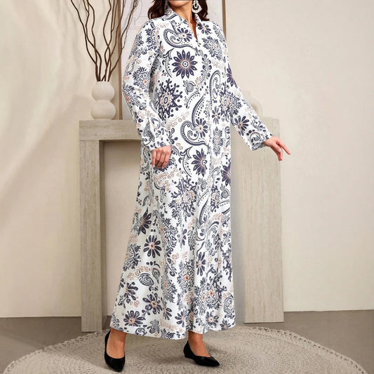 Rafiah Women's Dresses Summer Elegant 2025 Floral Muslim Long Sleeve Shirt Collar A-Line Midi Vacation Long Dresses