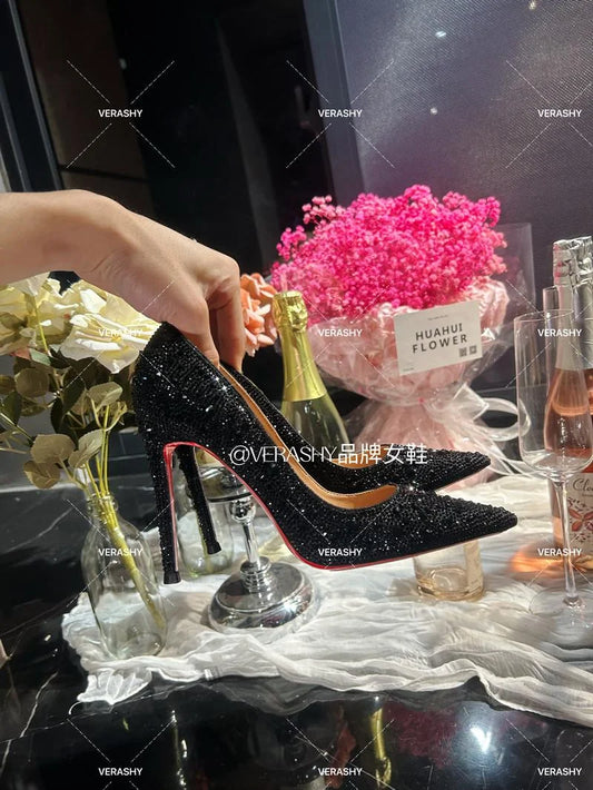 Crystal red soled high heels, black pointed shallow mouth single shoes, thin heels, evening temperament women's shoes