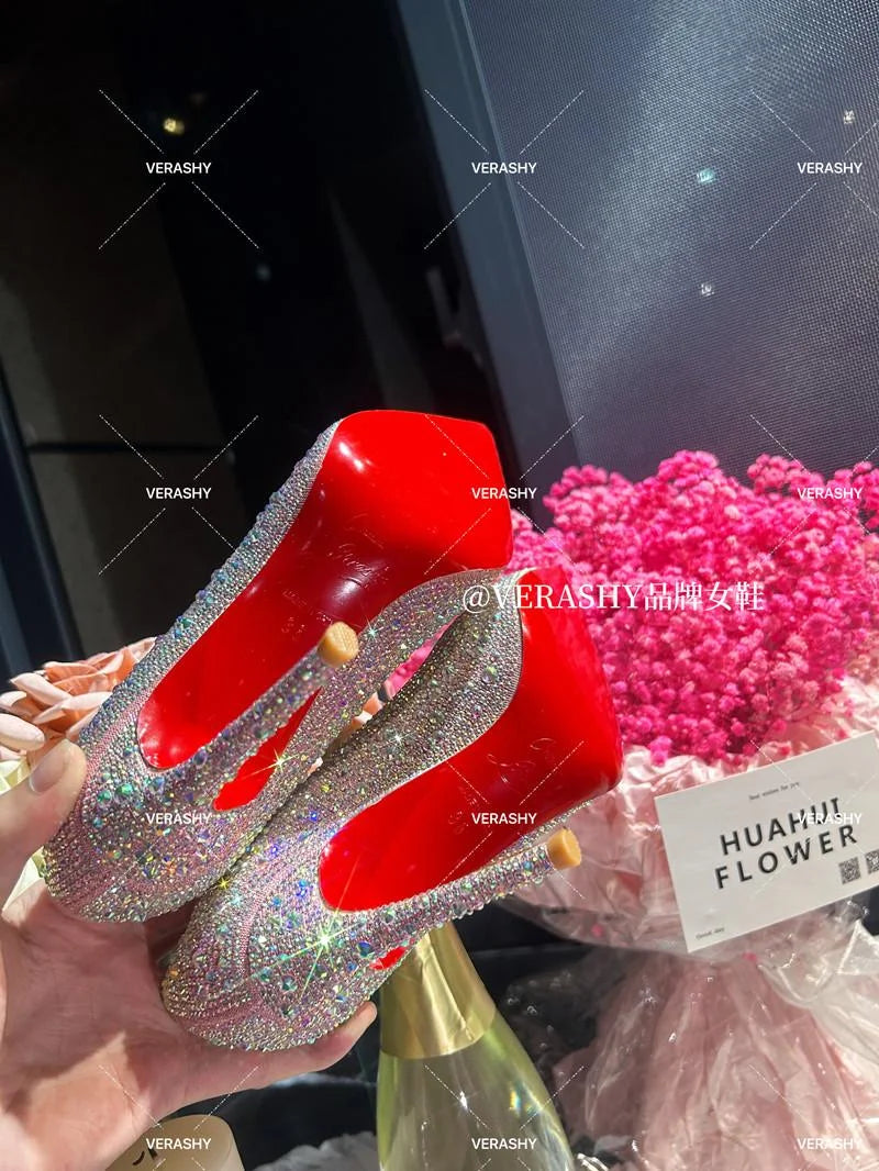 Crystal red soled high heels, black pointed shallow mouth single shoes, thin heels, evening temperament women's shoes