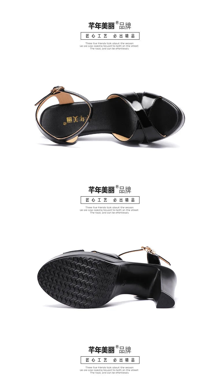 Women’s High Heel Summer Leather Sandals – 10 cm Spike Heel with Platform, Open Toe