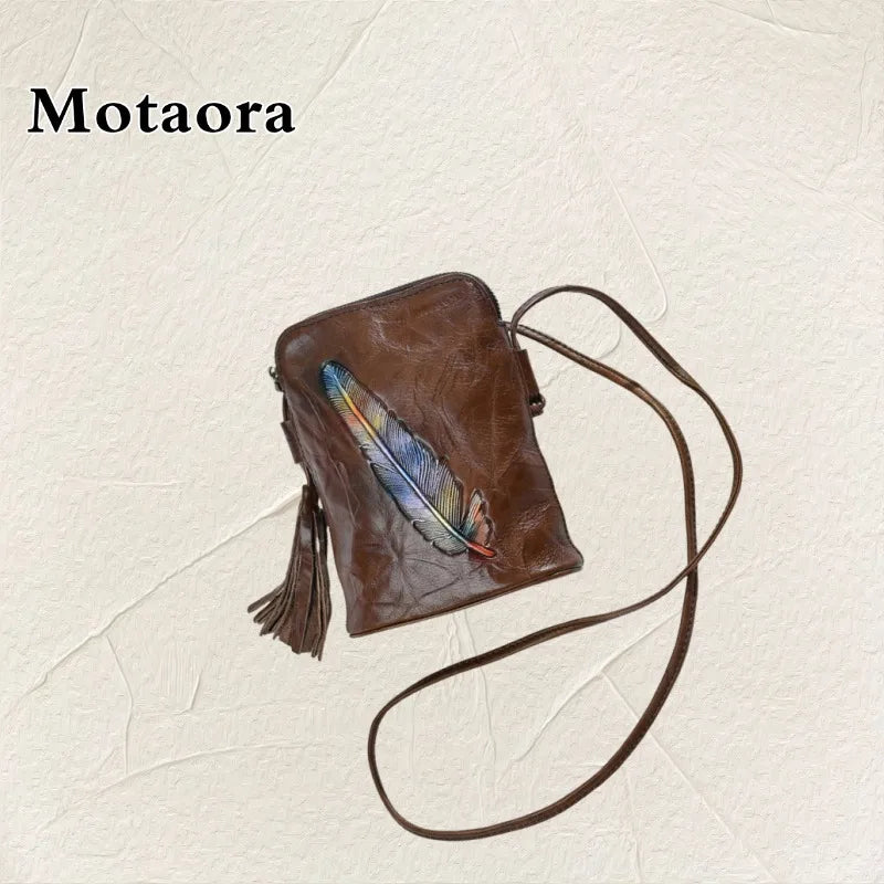 MOTAORA Women's Leather Crossbody Bag Retro Genuine Cowhide Phone Purse Small Soft Shoulder Bag Versatile Mobile Pouch 2025 NEW