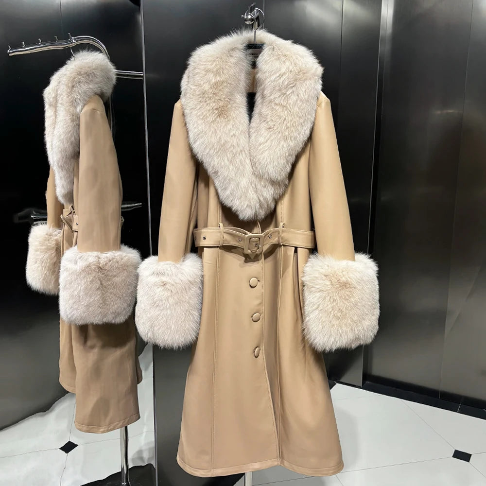 Black Leather Jacket With Fox Fur Collar Real Sheepskin Long Leather Jackets Leather Jacket Women 2025 Winter