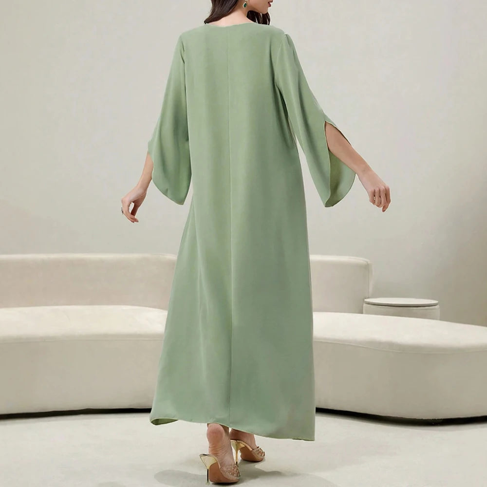 Rafiah Summer Dresses 2025 Women's Appliques Plain Draped Long Flare Sleeve V-Neck Loose Fit Basics Arabian Midi Dress