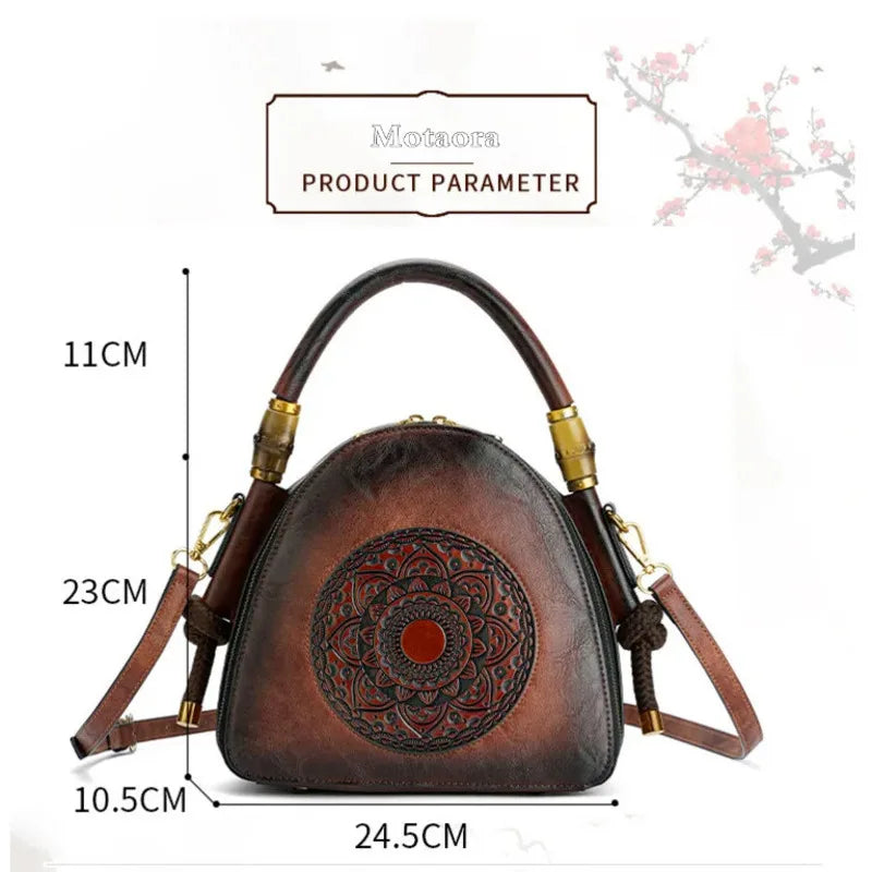MOTAORA Bamboo Top Handle Embossed Leather Shoulder Bag, Vintage Bohemian Crossbody Purse for Women Handmade Large Capacity Tote