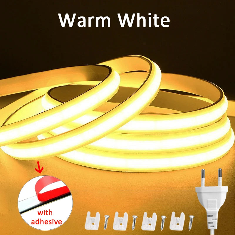 220V Led Strip High Brightness Waterproof COB LED Strip 220V Flexible Ribbon for Room Bedroom Kitchen Outdoor Garden Lighting