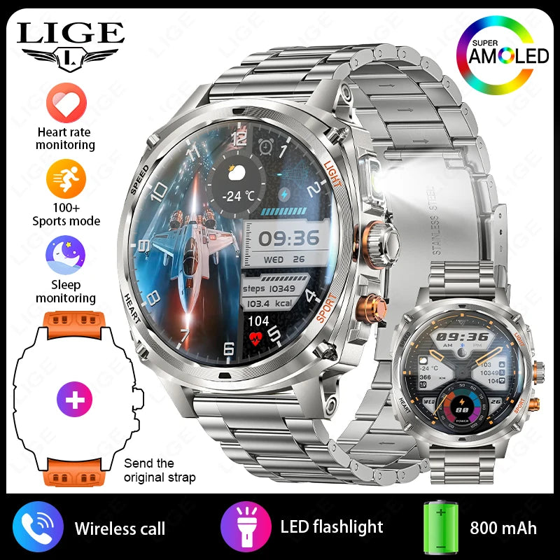LIGE Rugged Military 1.75-inch AMOLED Screen Smart Watch With LED Flashlight 800mAh Battery Bluetooth Call Smart Watch Men Gift
