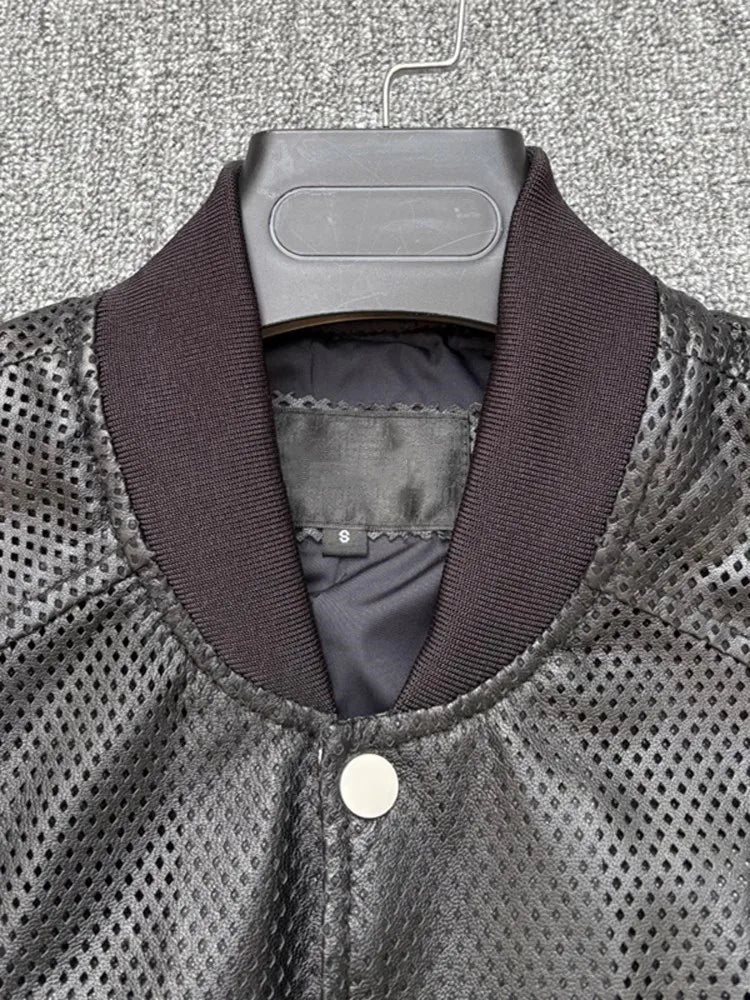Spring Mens Genuine Leather Coat Breathable Single Breasted Stand Collar Loose Fit Bomber Jacket Real Sheepskin Casual Outerwear