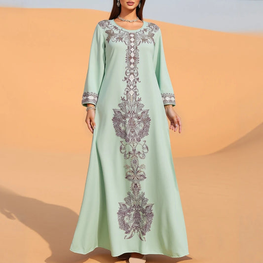 Rafiah Women's Summer 2025 Arabian Dress Embroidered Round Neck Long Sleeve Intricate Border Flared Silhouette Long Dress