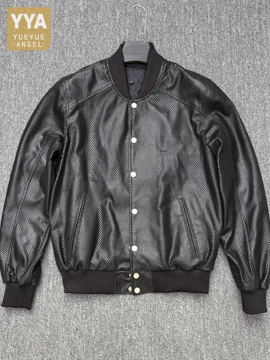 Spring Mens Genuine Leather Coat Breathable Single Breasted Stand Collar Loose Fit Bomber Jacket Real Sheepskin Casual Outerwear