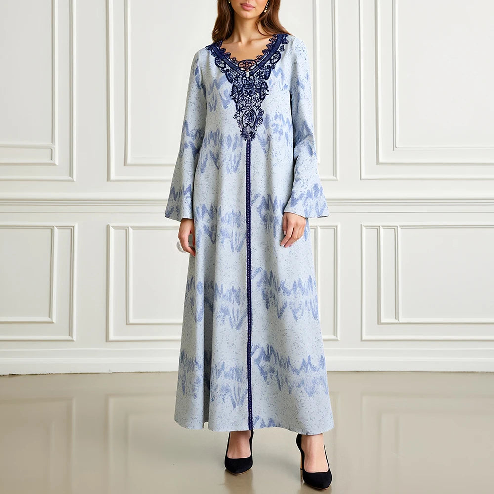 Rafiah Women's Dresses Summer Elegant Decent 2025 Print Long Sleeve V-Neck Midi A Line Casual Long Dress