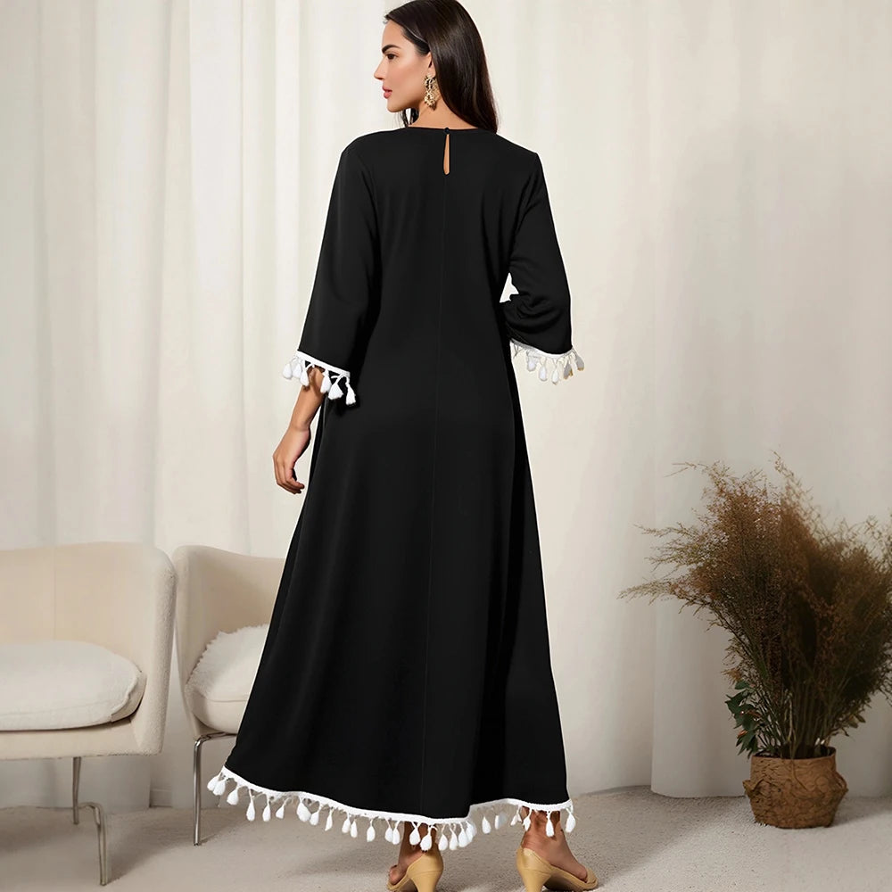 Rafiah Women's Dresses Summer Comfortable Elegant 2025 Tassel Hem Long Sleeve Round Neck A-Line Midi VacationLong Dress