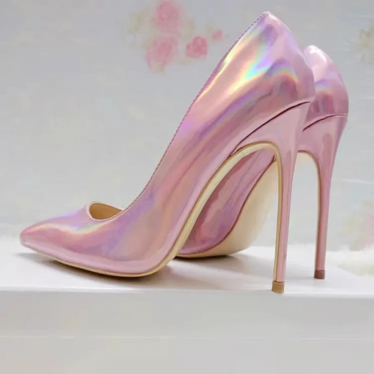 2025 New Party Banquet High Heels For Women Temperament Single Shoes 10CM 12CM Fashion Pointed Laser Holographic Summer Pumps