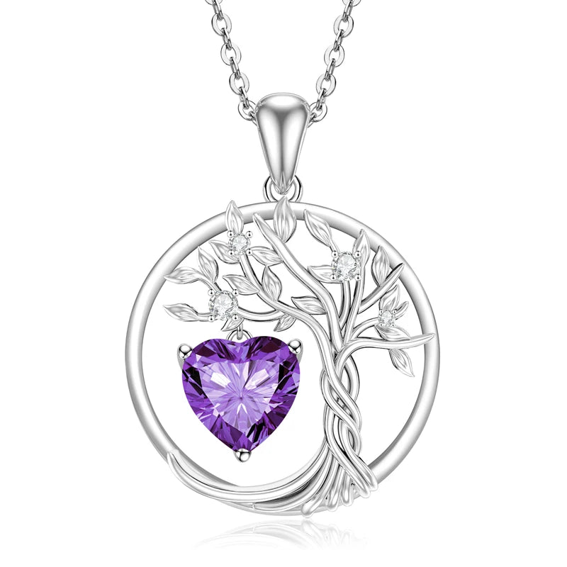 Lnngy 925 Sterling Silver Tree of Life Circle Pendant Necklace Colorful Birthday Stone Necklaces Jewelry for Women Daily Gift