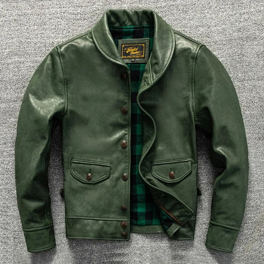 Cossack Green Fruit Leading Layer Mixed Sheepskin Leather Jacket Men's Slim Fit Leather Jacket Autumn and Winter Coat