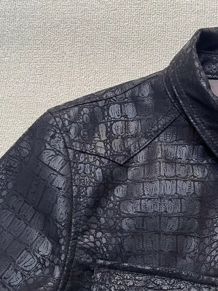 Soft Alligator Pattern Sheepskin Genuine Leather Jacket Men Slim Fit Single Breasted Business Casual Work Natural Leather Tops