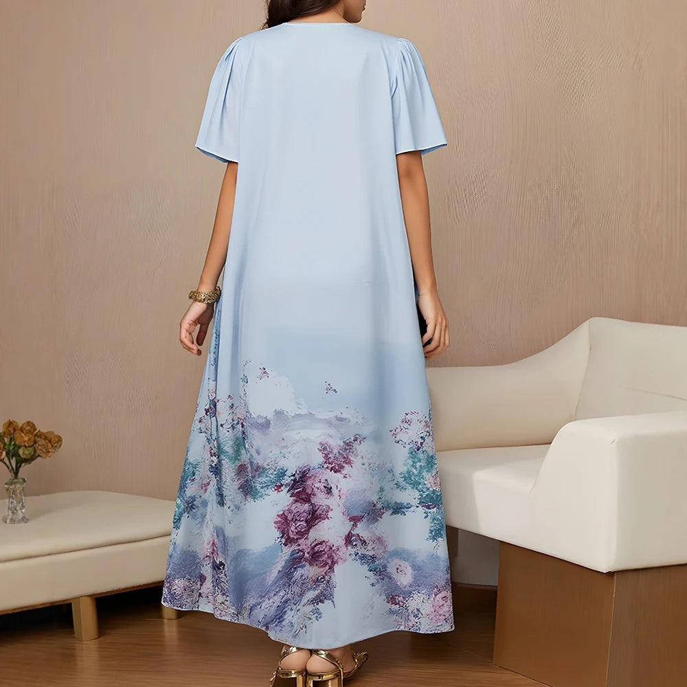Rafiah Women's Long Dresses Summer Elegant 2025 Tie Dye Muslim Short Sleeve Round Neck A-Line Midi Vacation Dresses