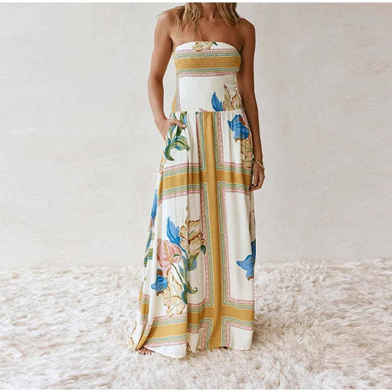 Strapless Floor Dress – Elastic High Waist Pleated -Summer  Edition