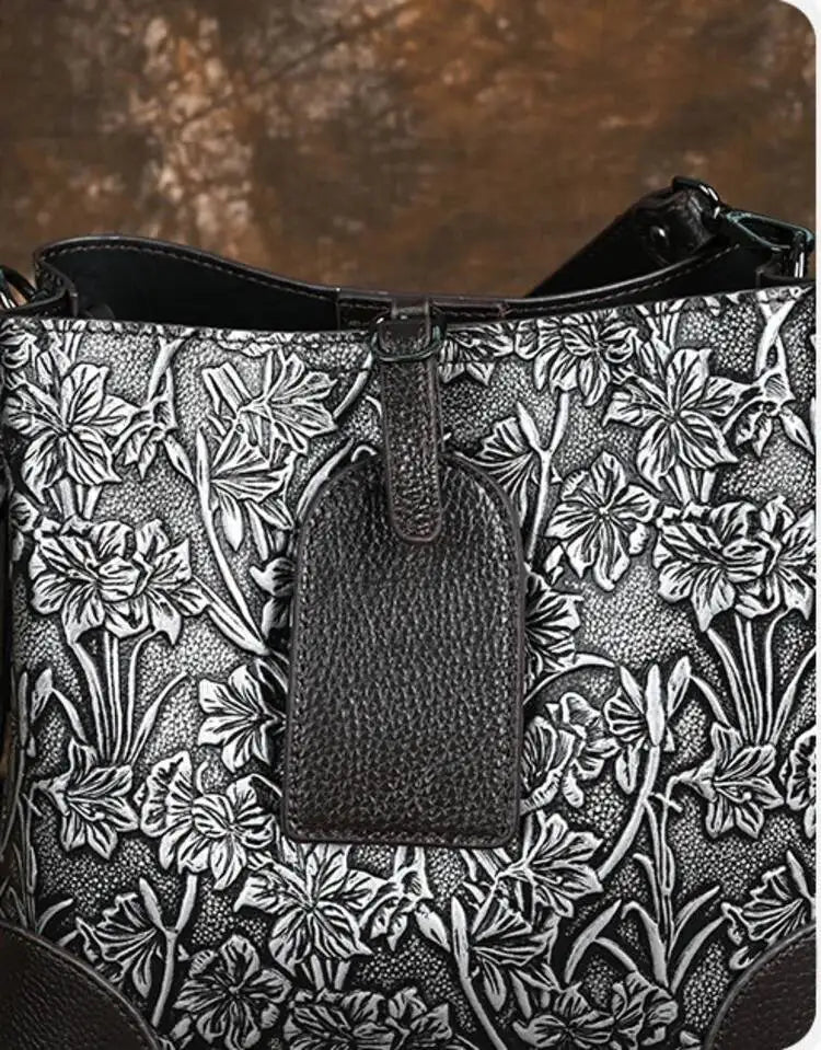MOTAORA Retro Embossed Genuine Leather Women Shoulder Bucket Bag Luxury Cowhide Handbag Female New Large Capacity Crossbody Bags