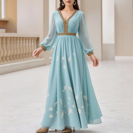 Rafiah Autumn Arabian Long Dress 2025 Modest Fashion Floral Patchwork Long Sleeve V-Neck Midi Shift Dresses For Women